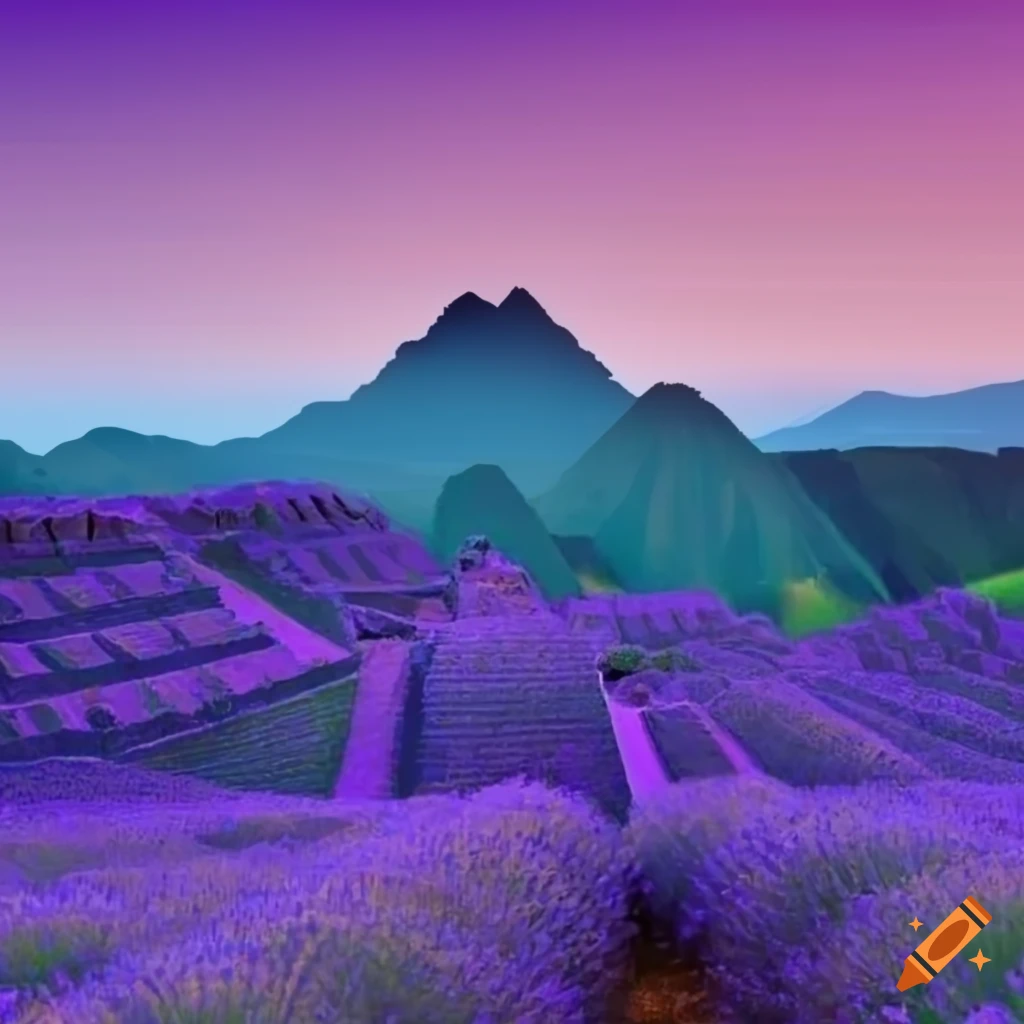 blue lavender landscape with inca pyramids