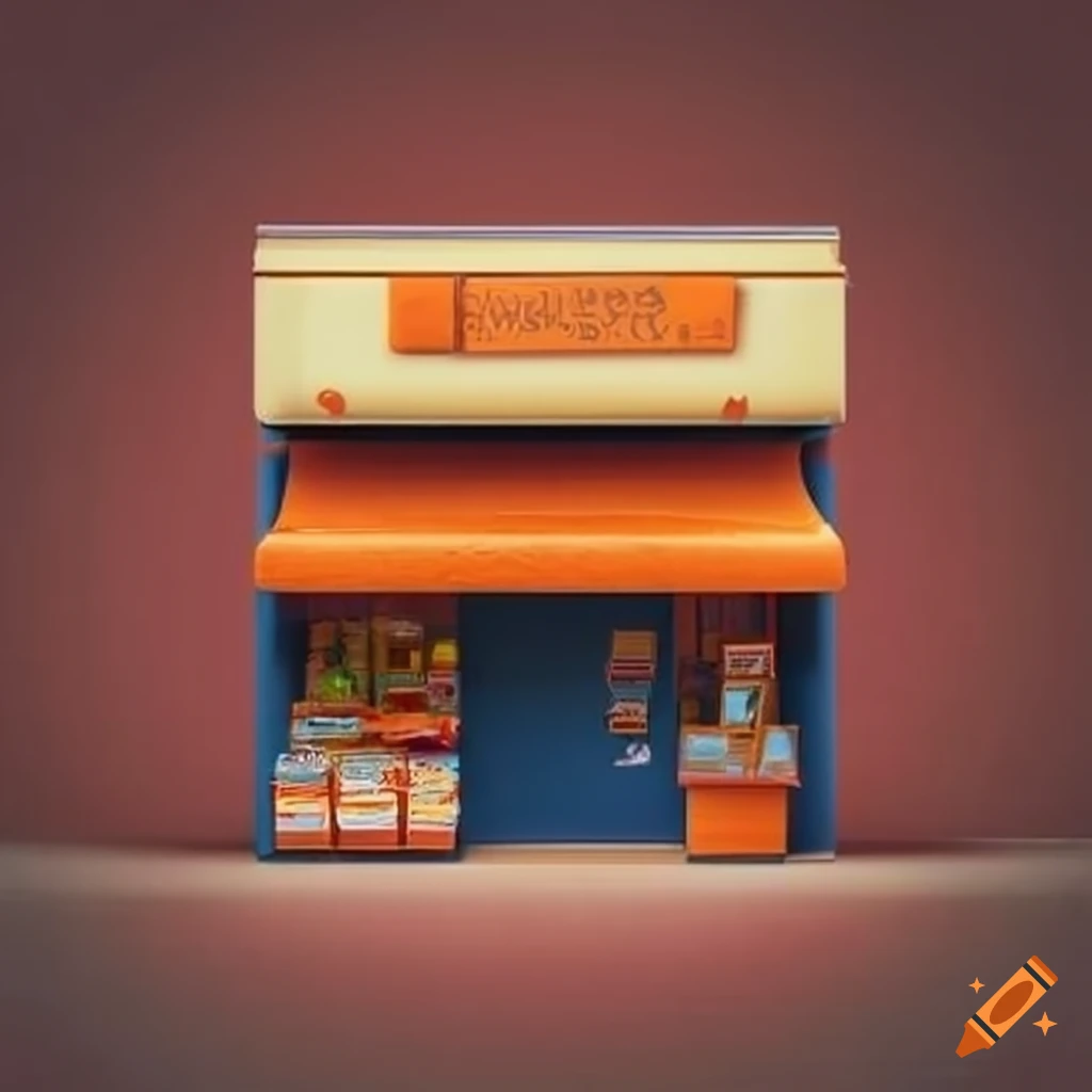 portrait of a corner shop with an orange sign