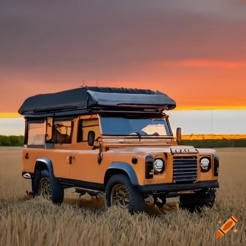 Land rover defender 110 parked in a wheat field at sunset on Craiyon