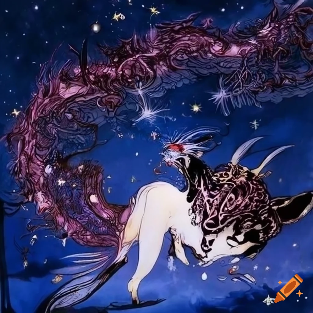 Artwork of animal constellations in Yoshitaka Amano style on Craiyon
