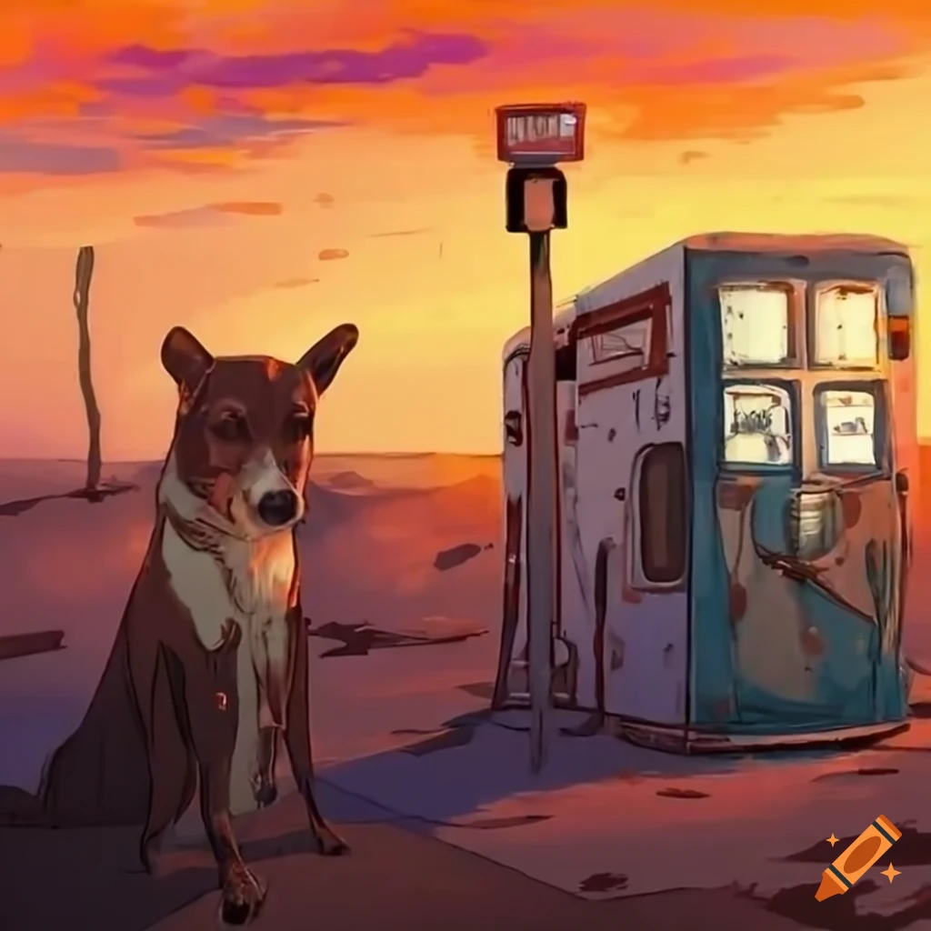 Sunrise at abandoned gas station with dogs on Craiyon
