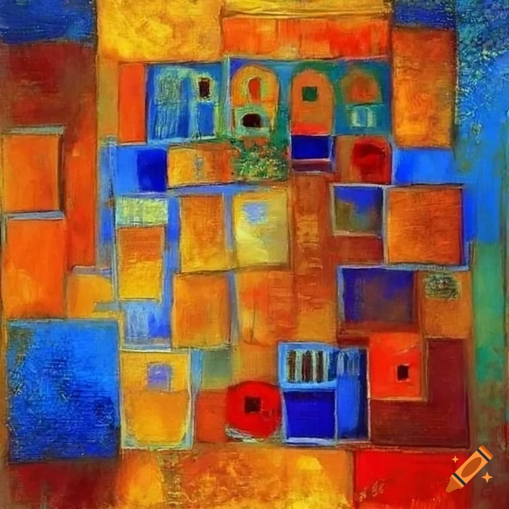 geometric abstract art in blue with squares and poppies