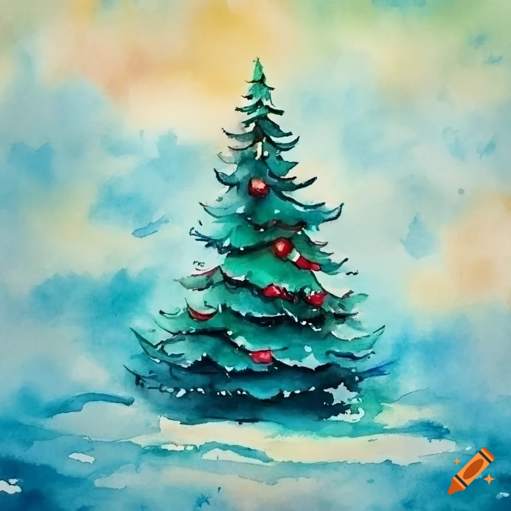 watercolor painting of a forest with christmas trees