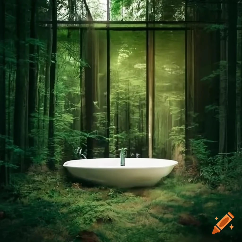 Bathroom surrounded by a forest view on Craiyon