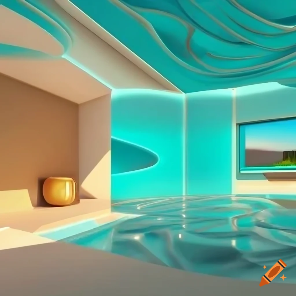 surreal architecture with computer workspace and pool hallway