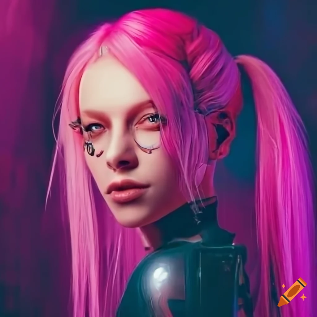 cyberpunk woman with pink hair sitting on futuristic hardware