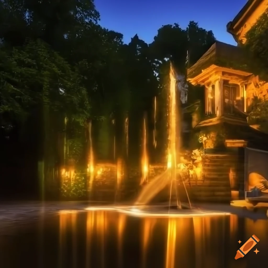 photography of a luxurious garden with a pool and fountains at sunset
