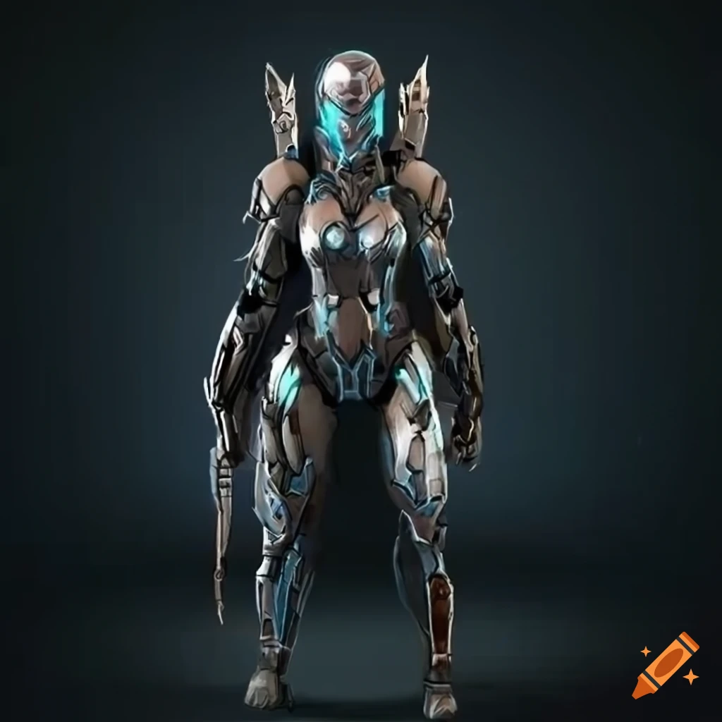 Battle suit science fiction female front view overall view combat suit foot  on Craiyon