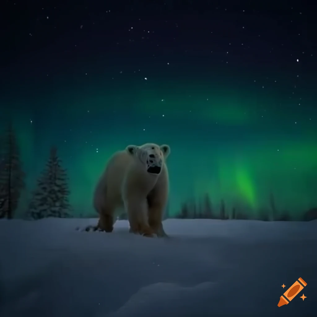 polar bear in snowy forest with eerie northern lights