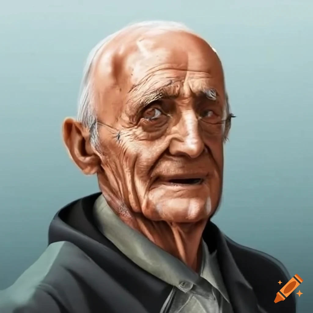 Portrait of an old man with gray hair and white clothes on Craiyon