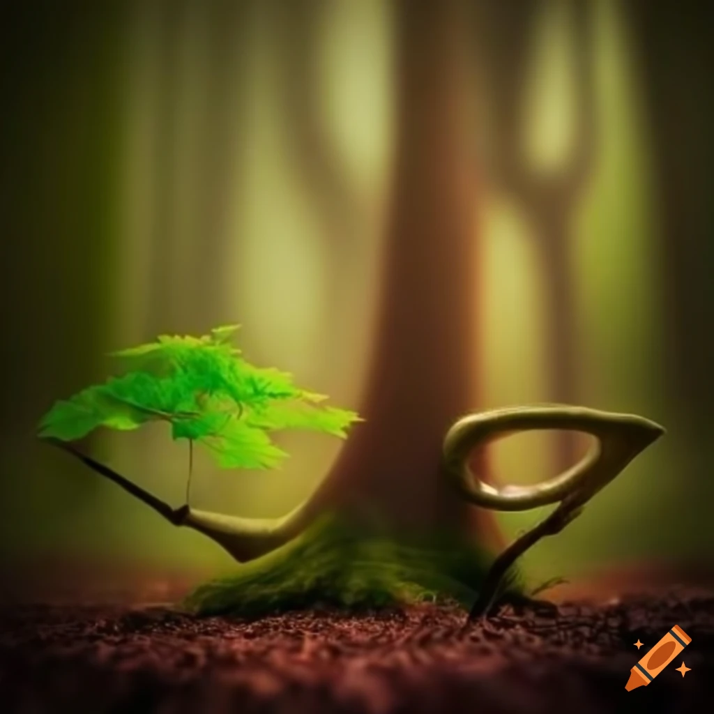 enchanting photo of a maple tree branch shaped like a teapot spout in a magical forest