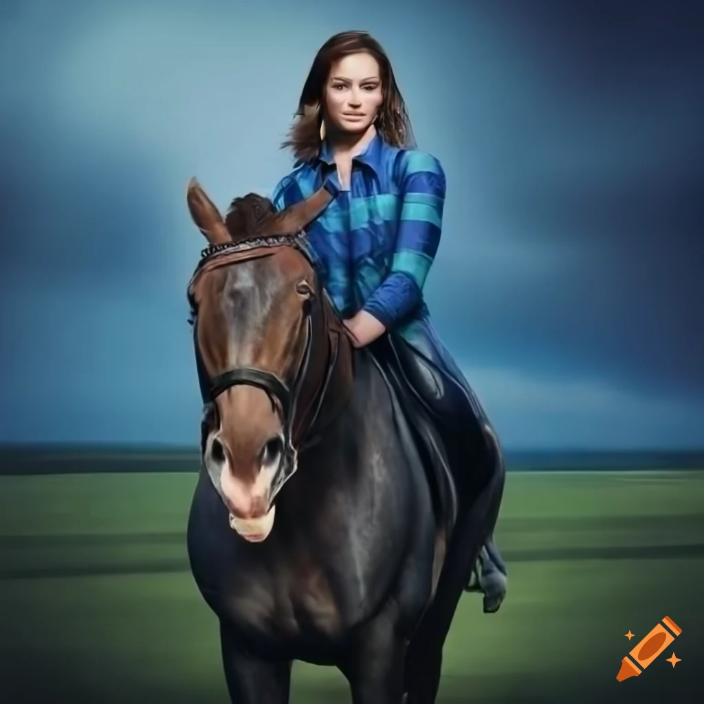 close-up photograph of a horse rider in blue plaid shirt and black leather trousers