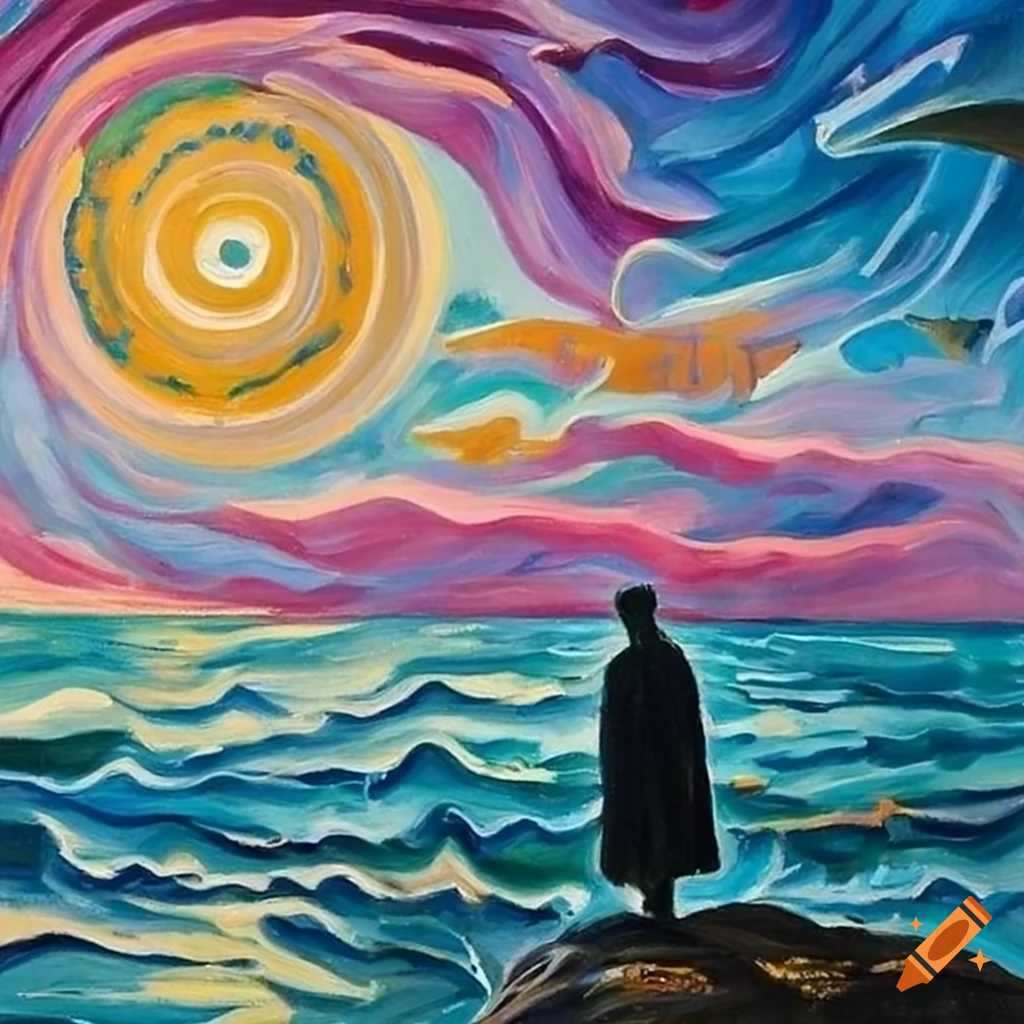 Intricately painted oil scene of a woman overlooking a seascape on Craiyon