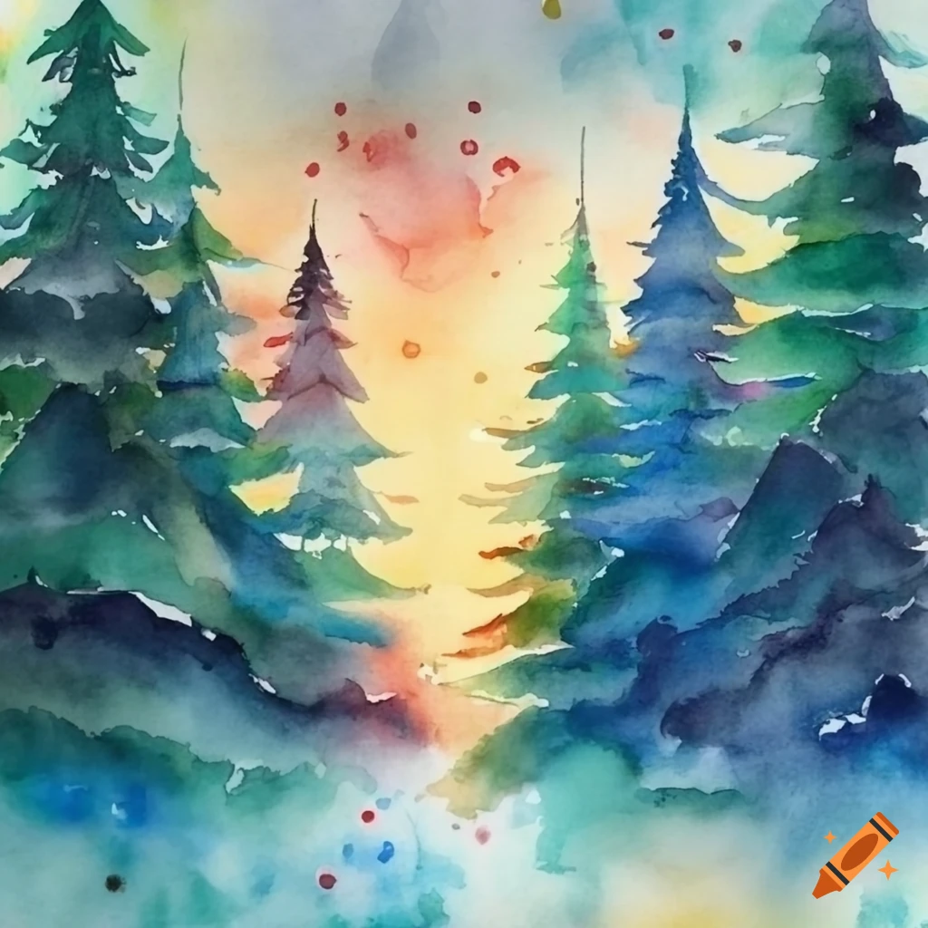 Vibrant watercolor painting of a pine cone in the forest on Craiyon