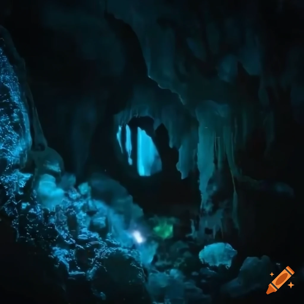 dark cave with rusty drilling equipment and faint blue glow
