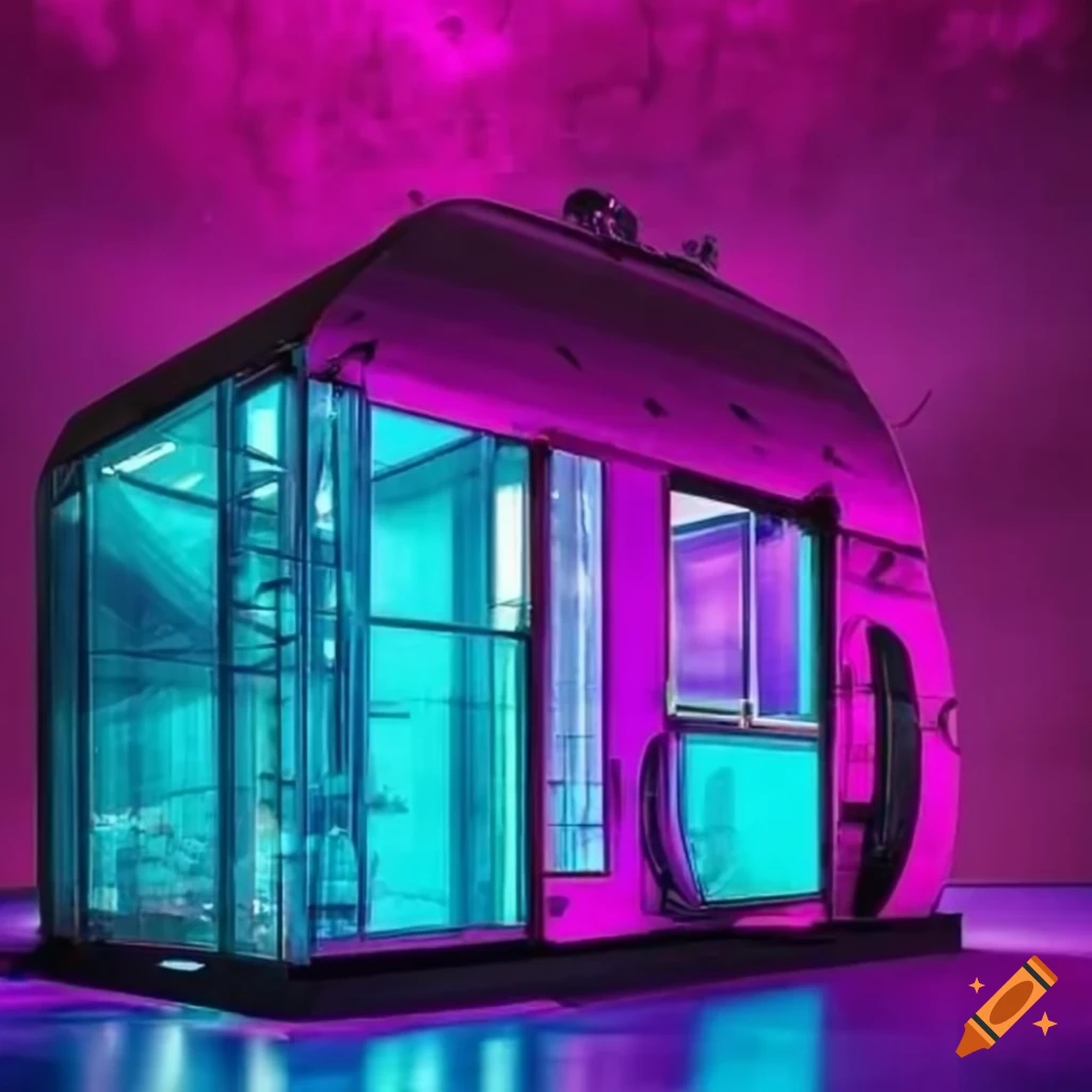 Retro futuristic space colony structures with colored glass walls in