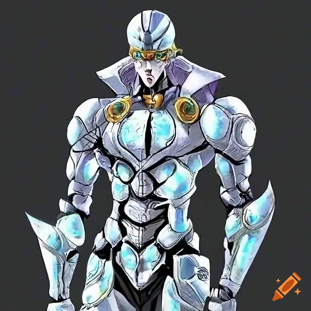 Comic-book style depiction of a jojo stand with white armor and golden  crescents