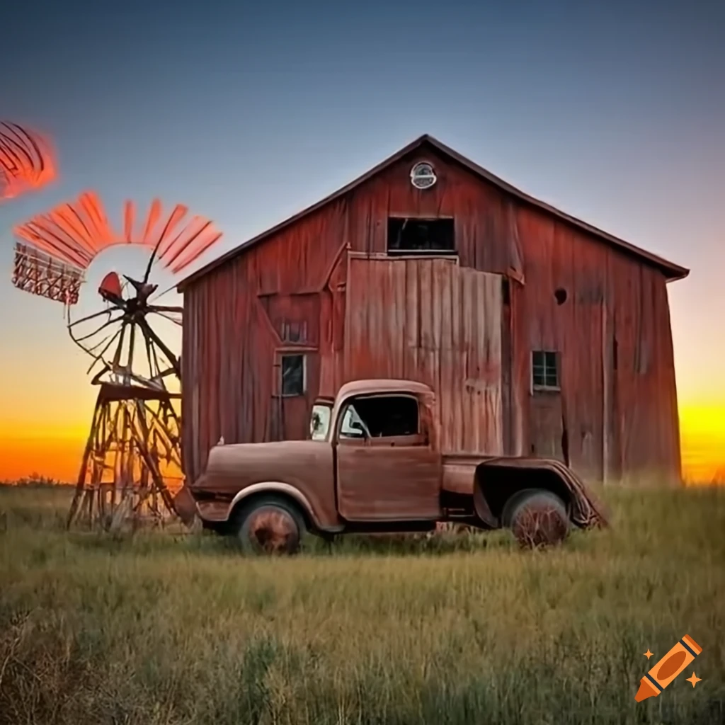 Sunset with vintage ford f5 pickup truck and windmill on Craiyon