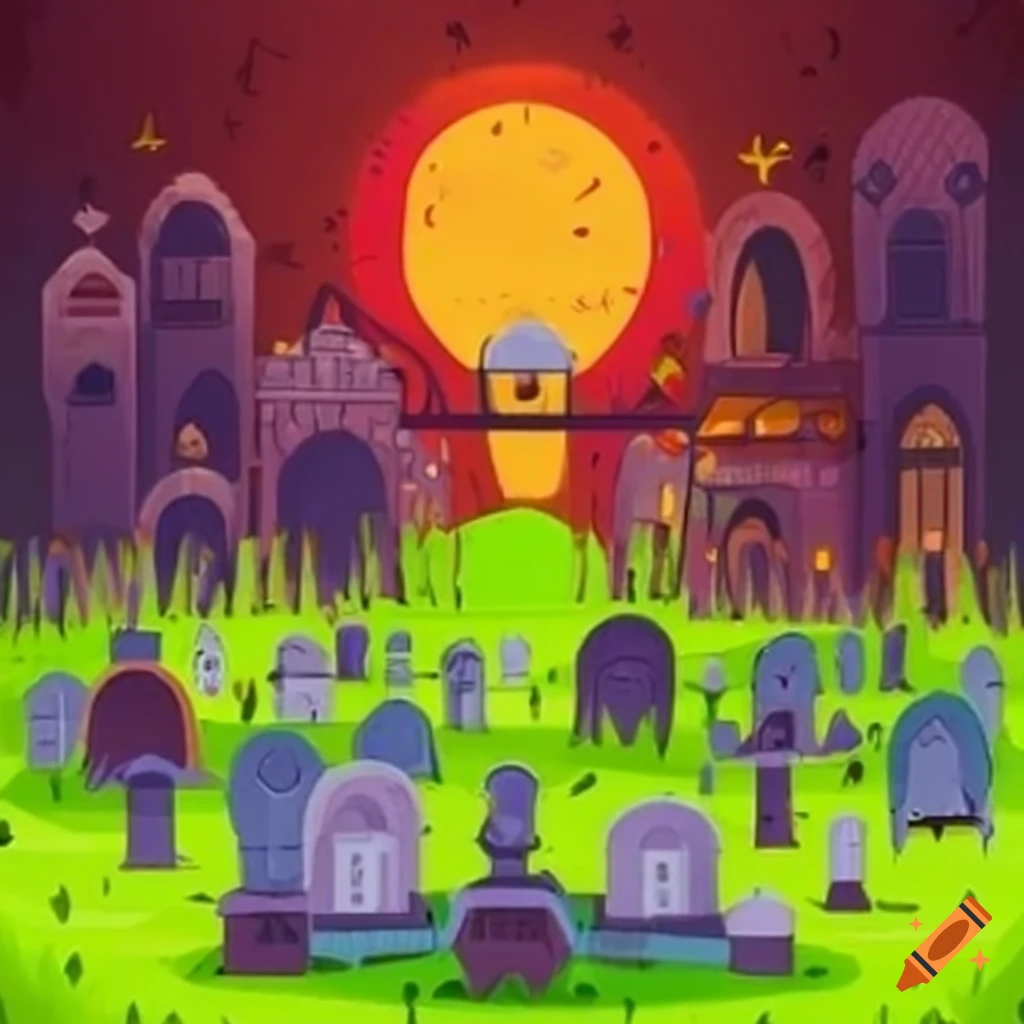 Cartoon illustration of a graveyard on Craiyon