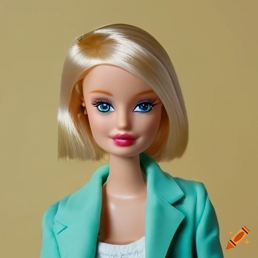 Blonde barbie doll in a teal blazer and white camisole