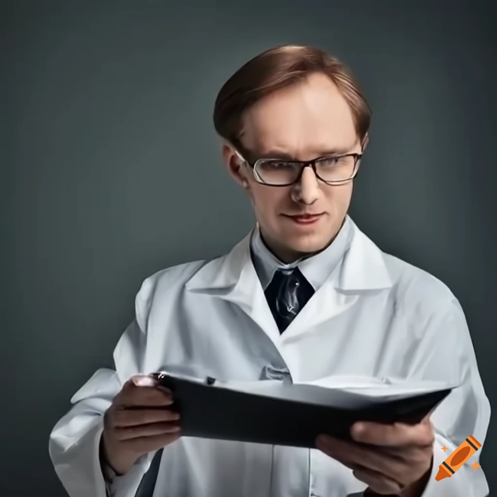 Man in lab coat holding a document on Craiyon