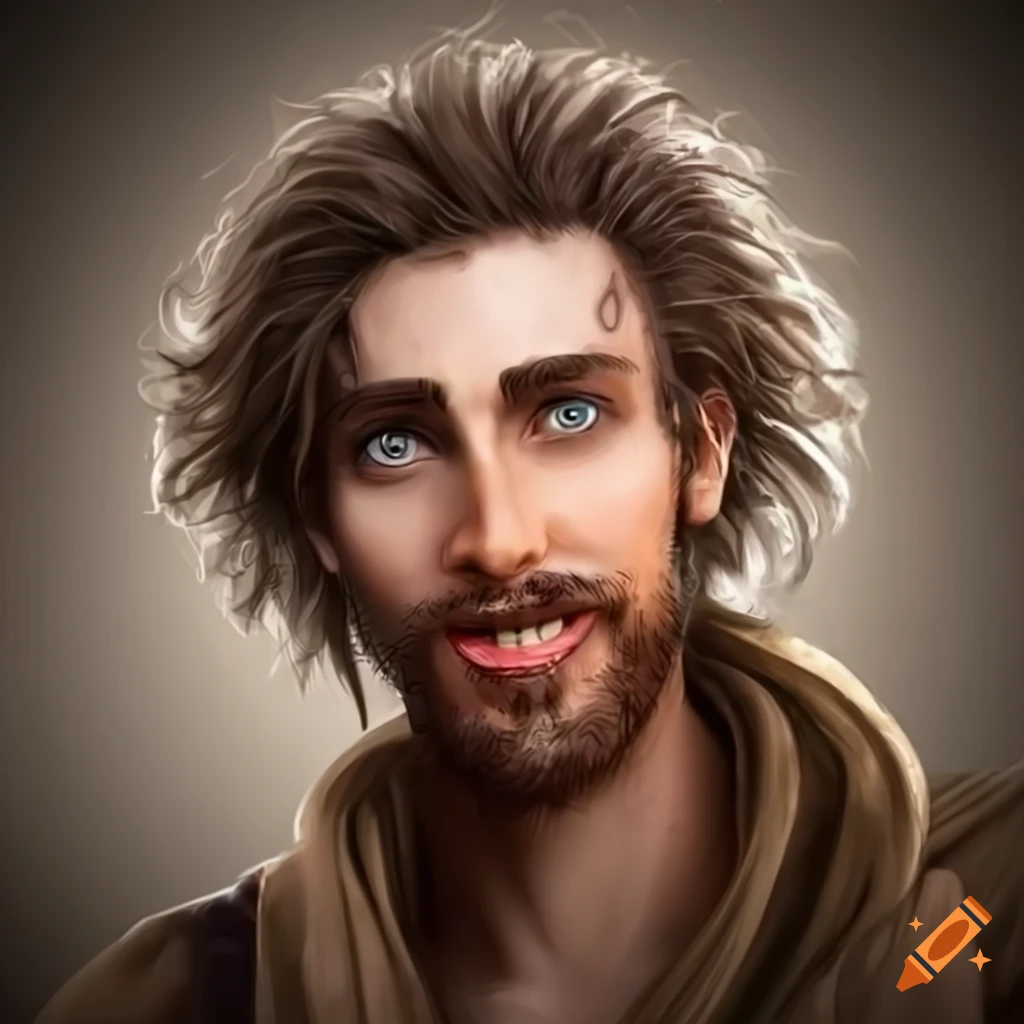 Portrait of a man with brown hair and eyes in a deep green tunic on Craiyon