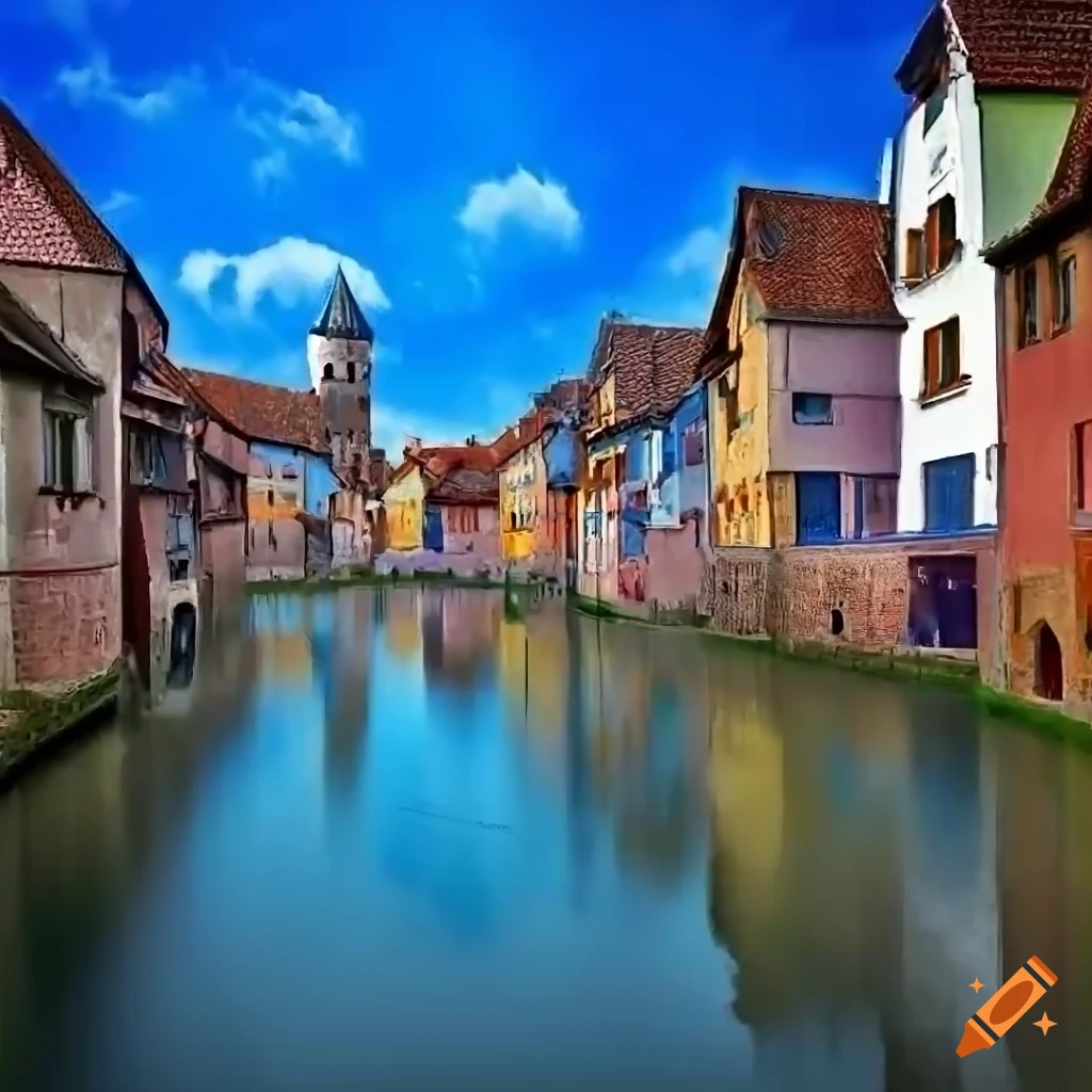 close-up of a colourful medieval city with canals
