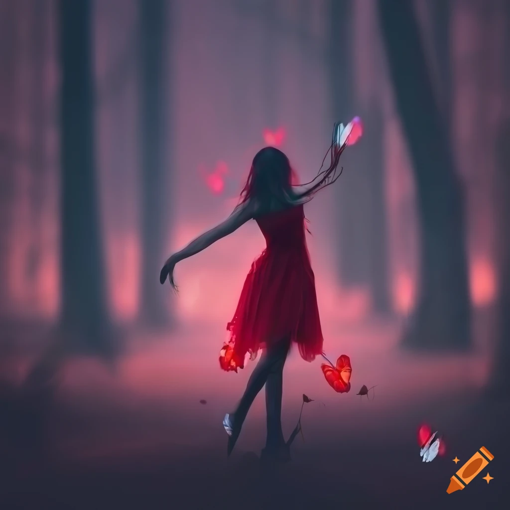 Dark Art Of A Girl In Red Dress Dancing In An Ominous Forest On Craiyon
