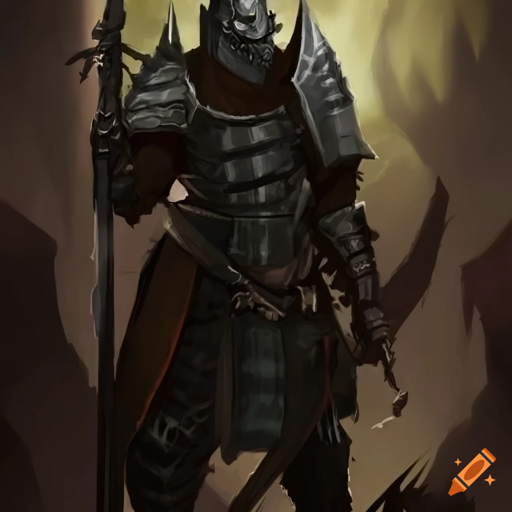 artwork of a black dragonborn with green eyes and plated armor