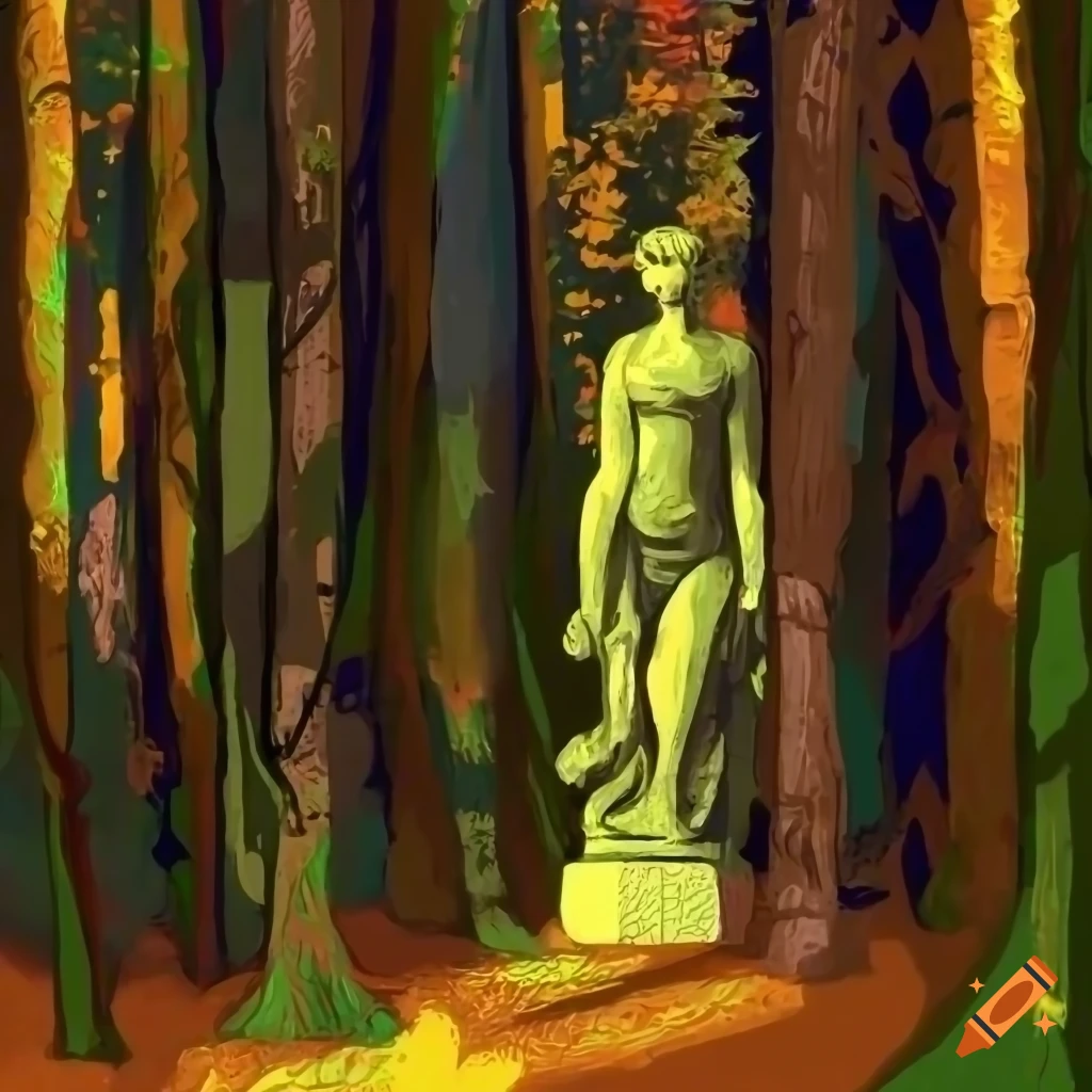surreal image of a dark forest with a ruined statue
