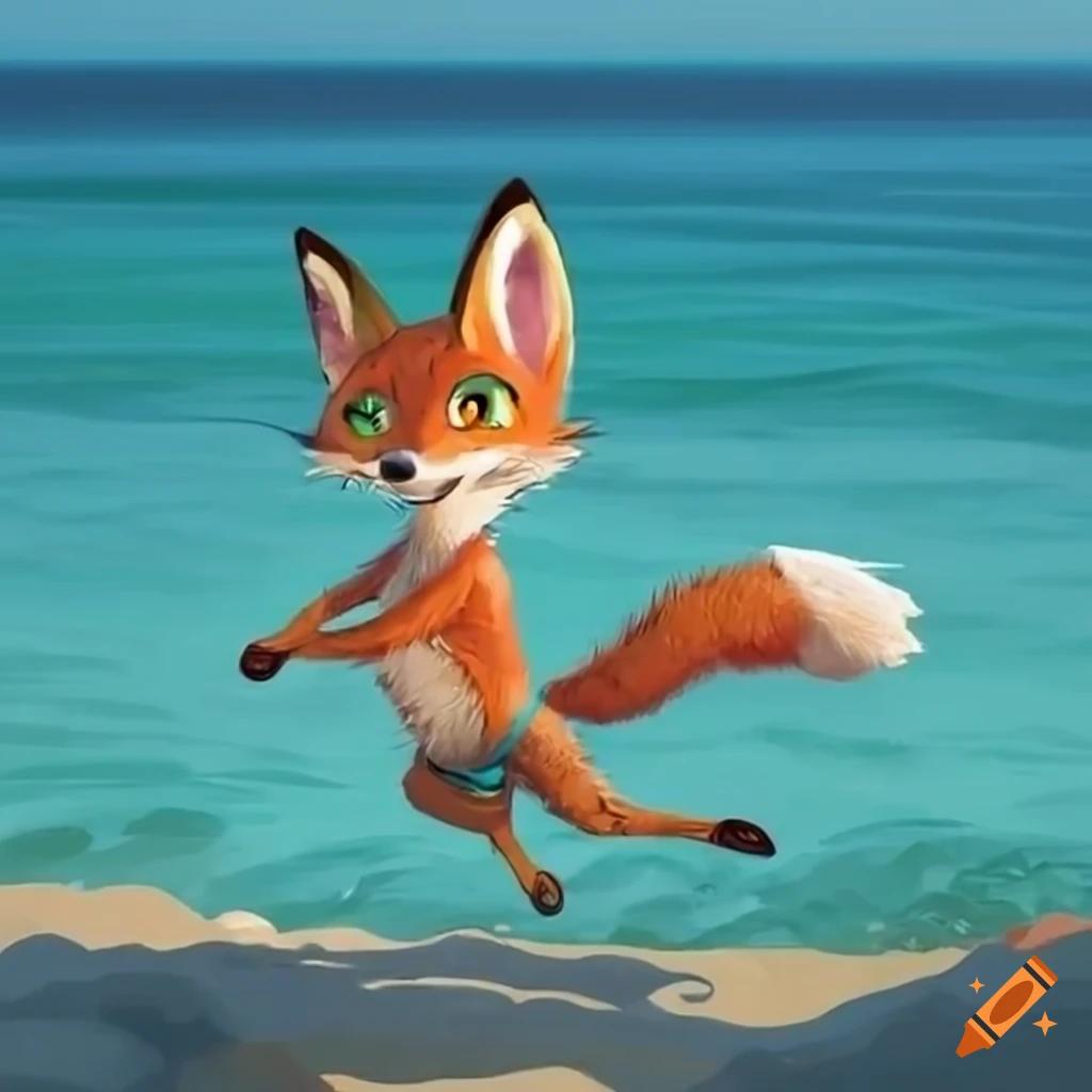 anthropomorphic fox enjoying the beach