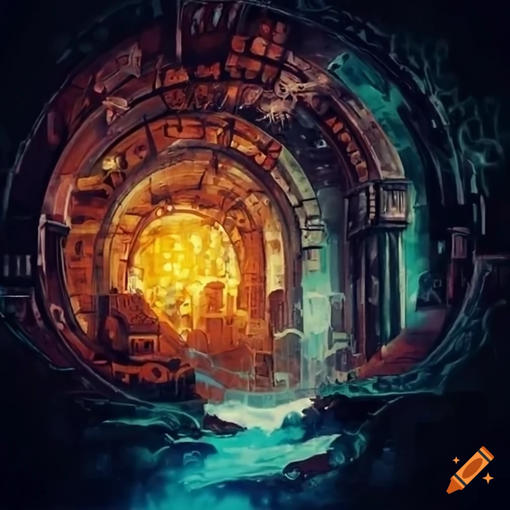 steampunk city with flying gears and underwater waterfall