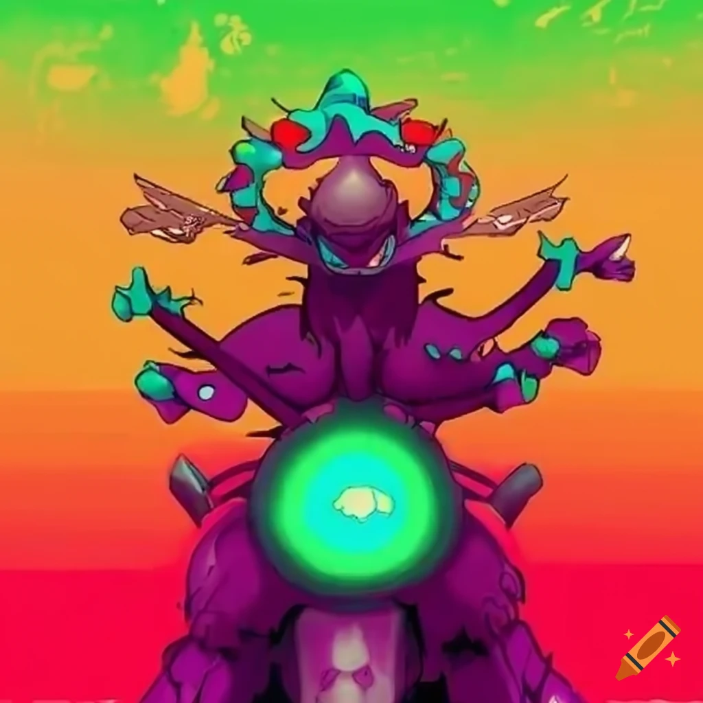 psychedelic pokemon riding a motorcycle