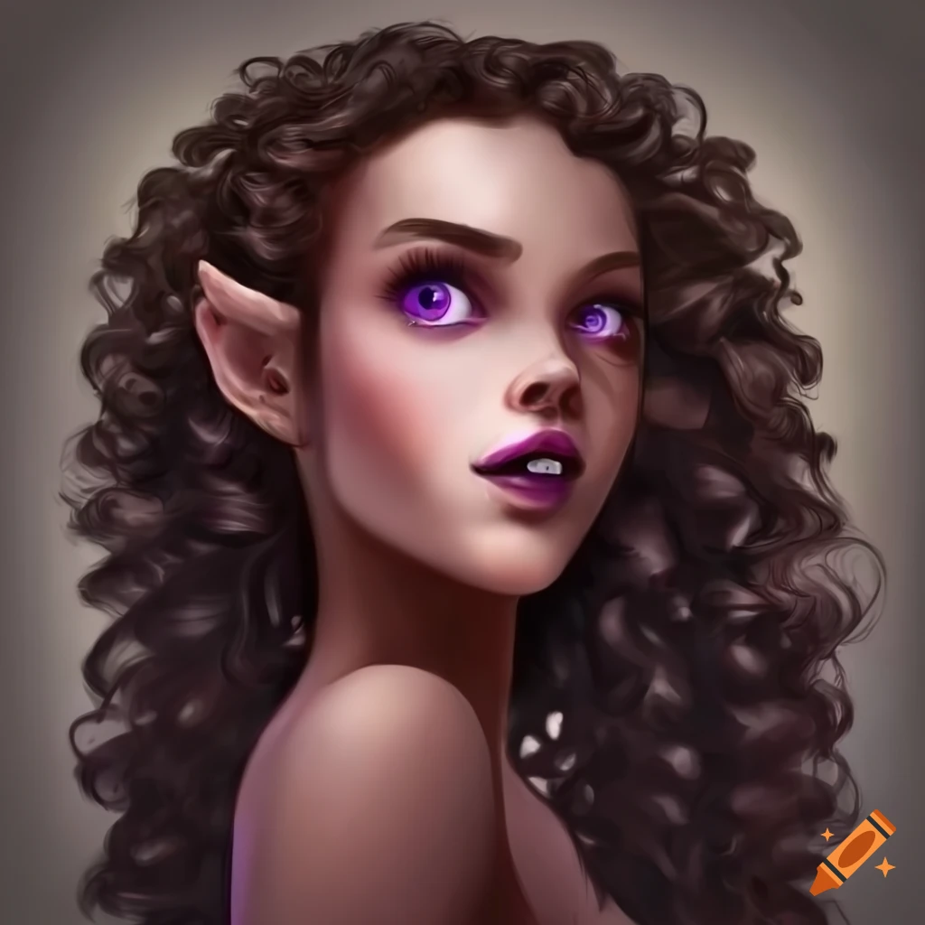 Portrait of a smiling young lady with long curly hair and purple eyes ...