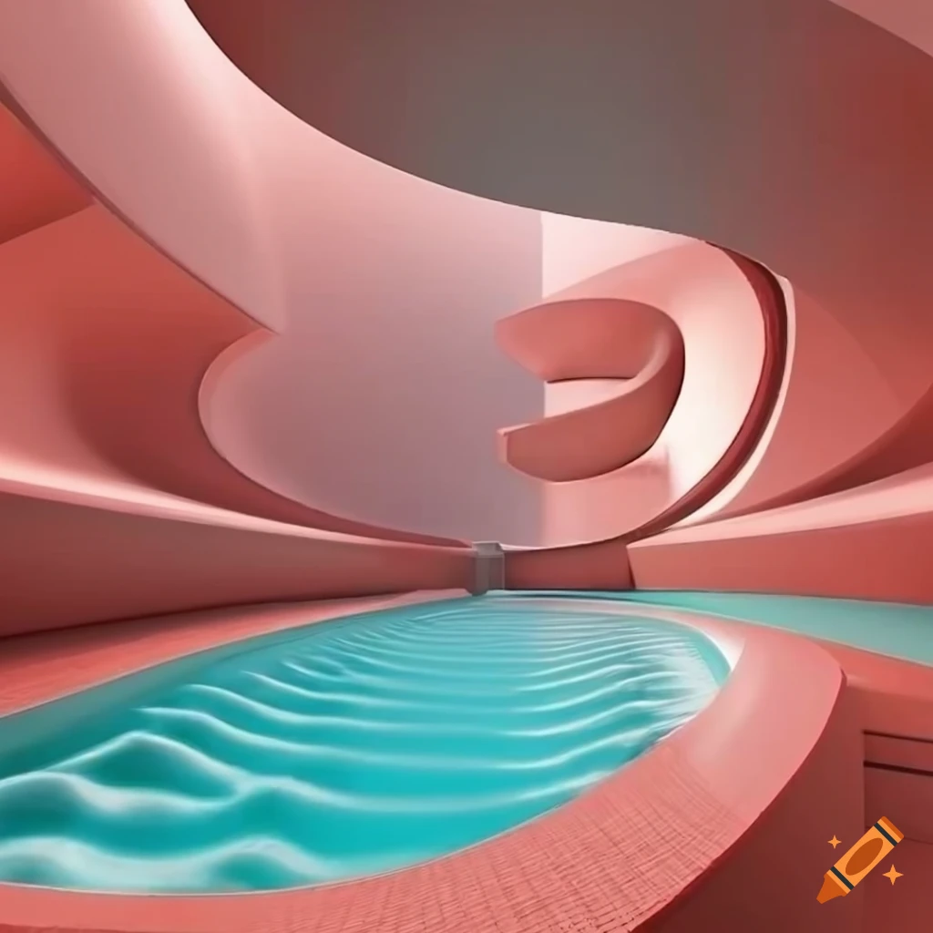 surreal 3D rendered spa interior with waterfalls
