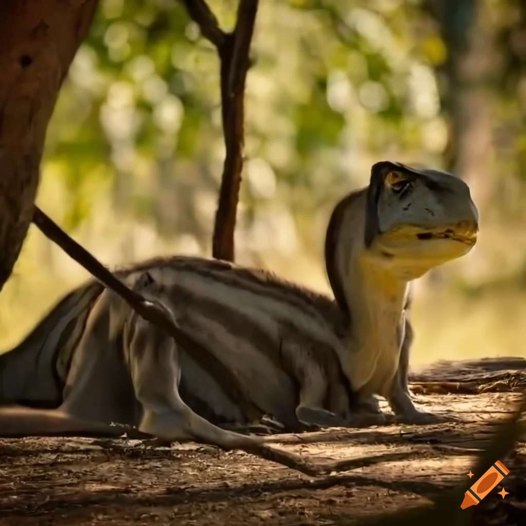 Picture of three hadrosaurs resting under a tree in a clearing on craiyon