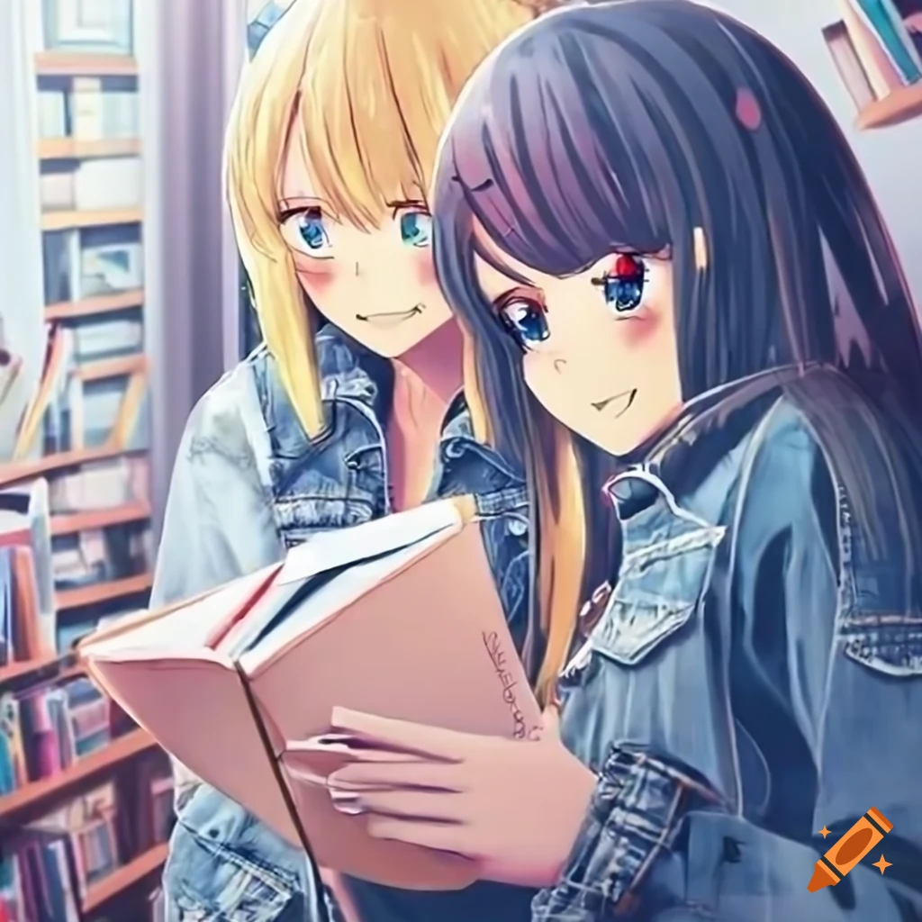 anime girls discussing science books at a rainy bookstore