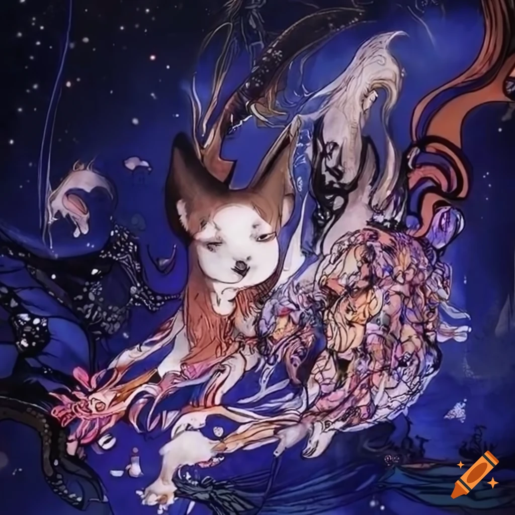 Yoshitaka amano inspired artwork of animal constellations on Craiyon