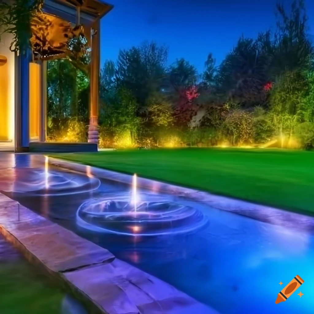 Photography of a beautiful garden with a luxury patio at sunset on Craiyon