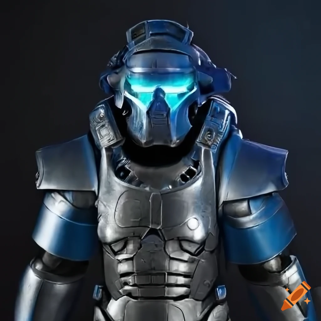 realistic photo of a metallic power armor suit