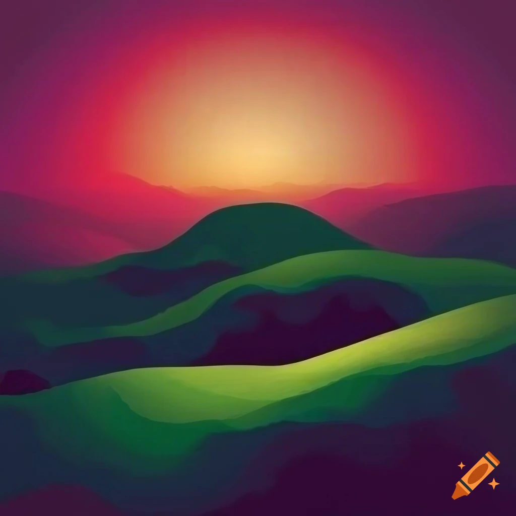 detailed illustration of green hills and red sky