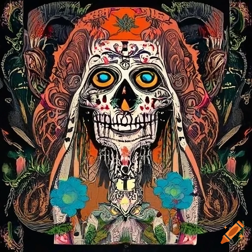 graphic art of Baba Yaga Santa Muerte with Mayan Totem Poles