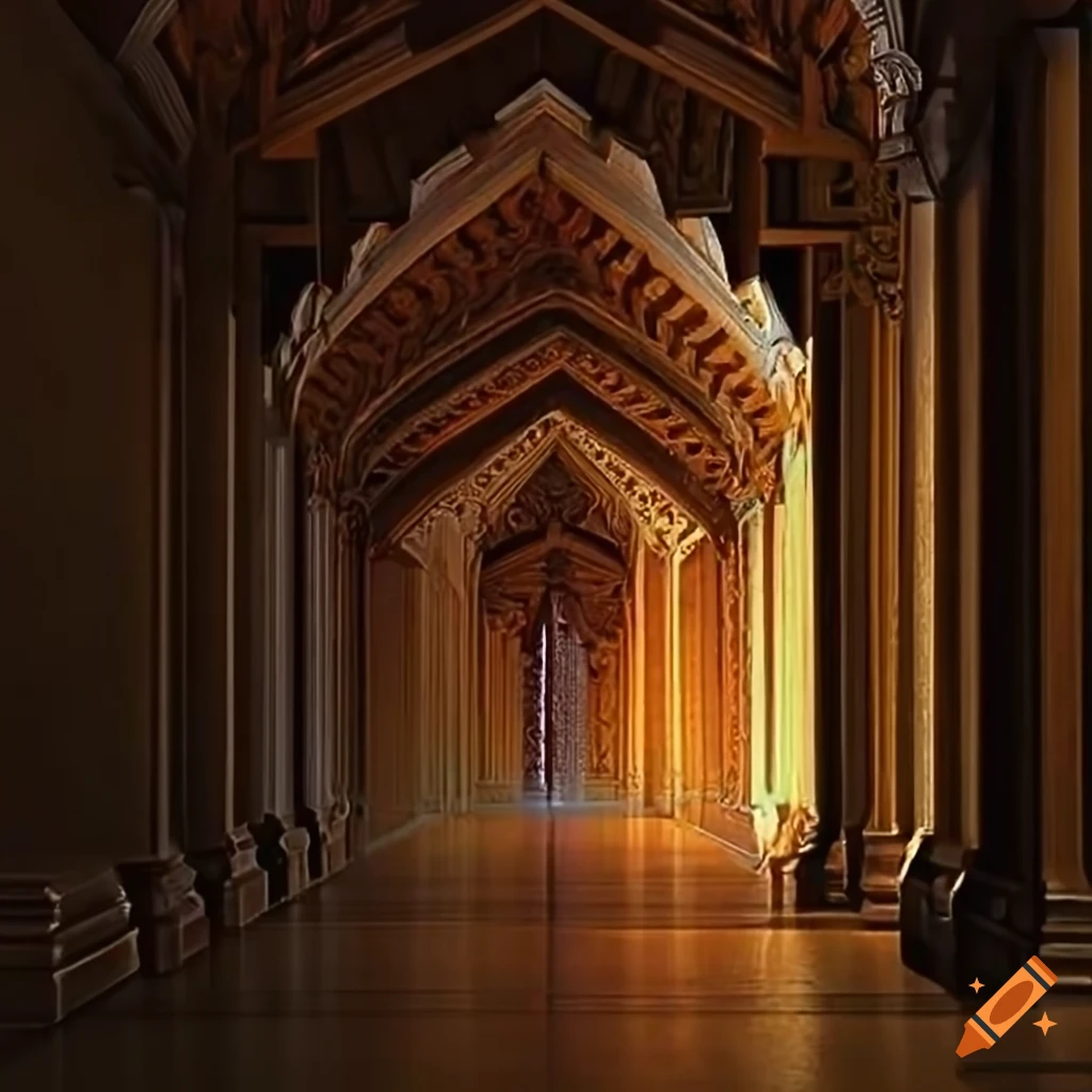 architectural carving hallway with zelda game motif