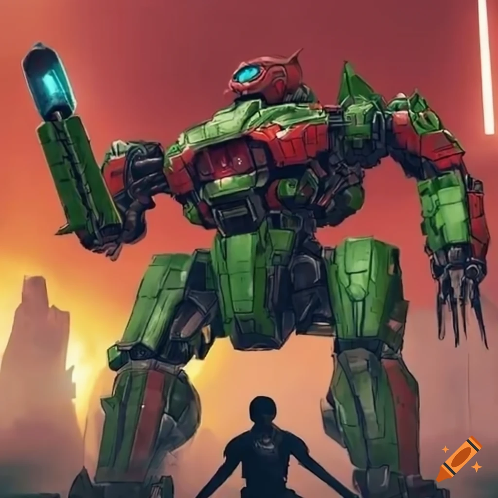 Image of a giant red and green mech with rockets on Craiyon