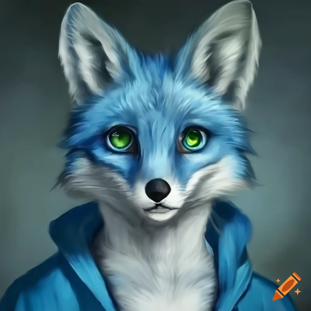 Hyper realistic blue fox with green eyes