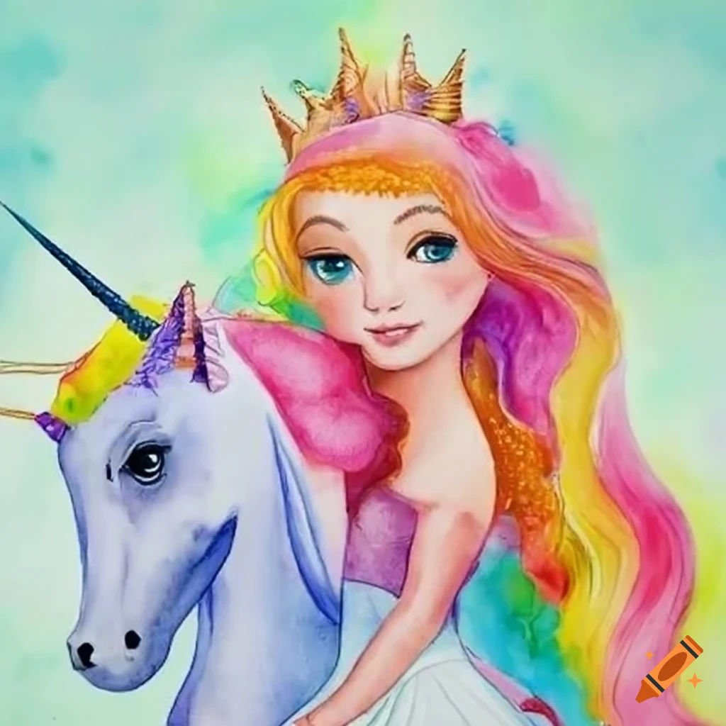 Colorful illustration of a princess riding a unicorn on Craiyon