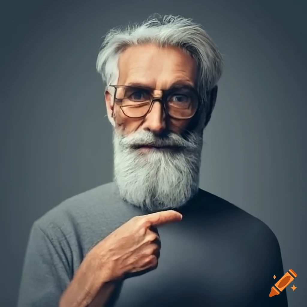 Friendly man with grey hair and beard pointing