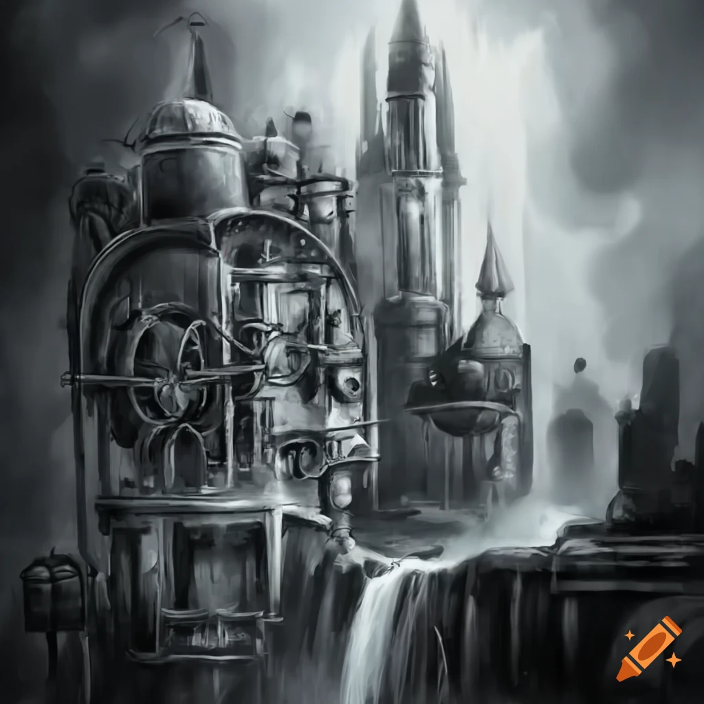 Steampunk flying city with gears and steam engine