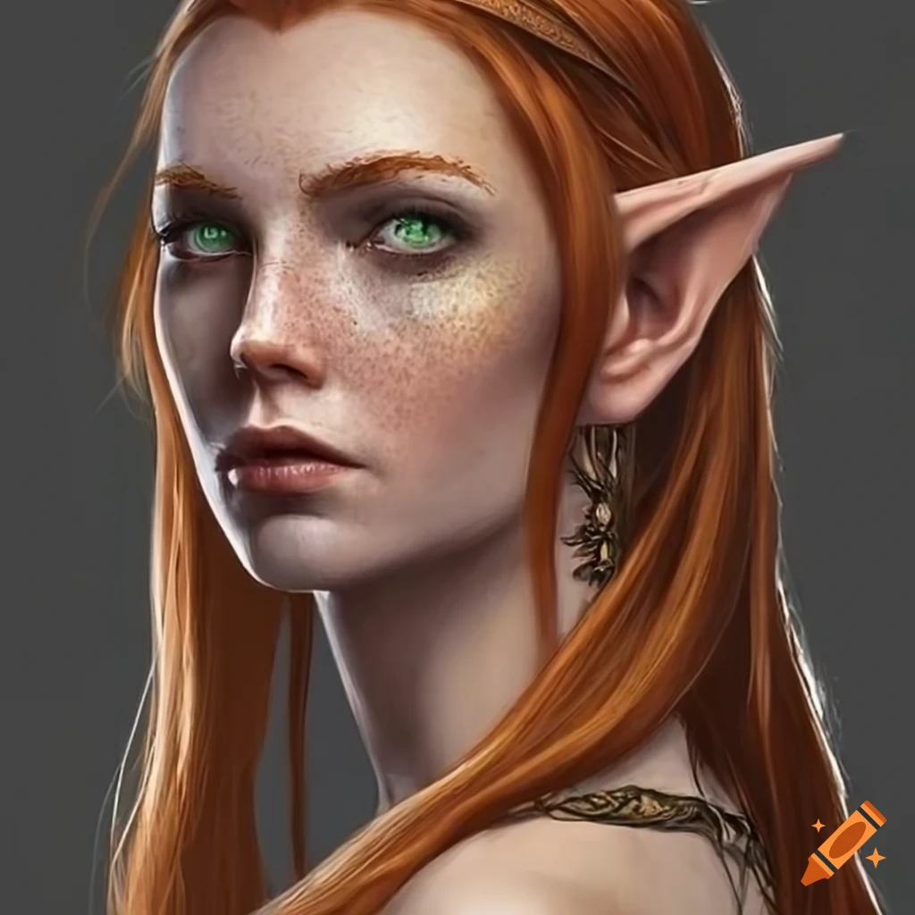 Portrait of an auburn-haired elven woman with green eyes on Craiyon