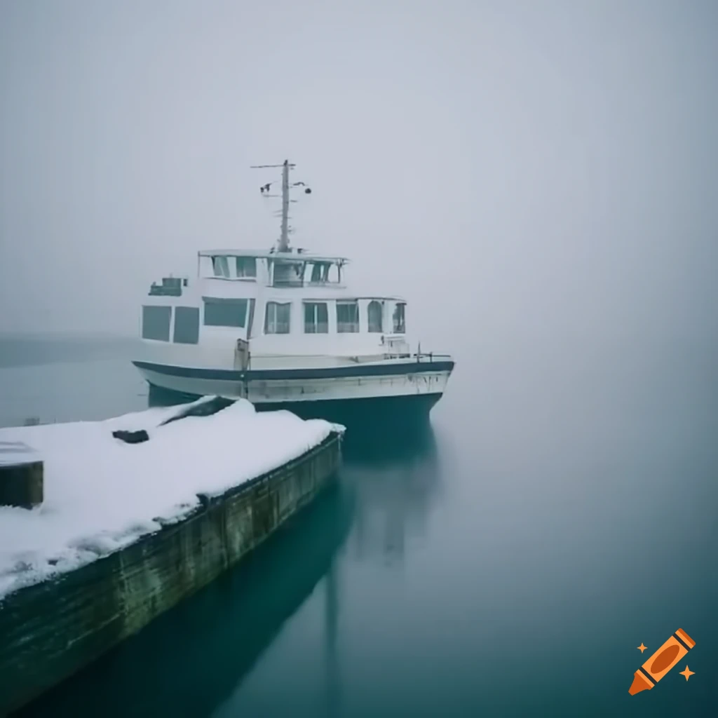 Ferry boat in a foggy winter harbour